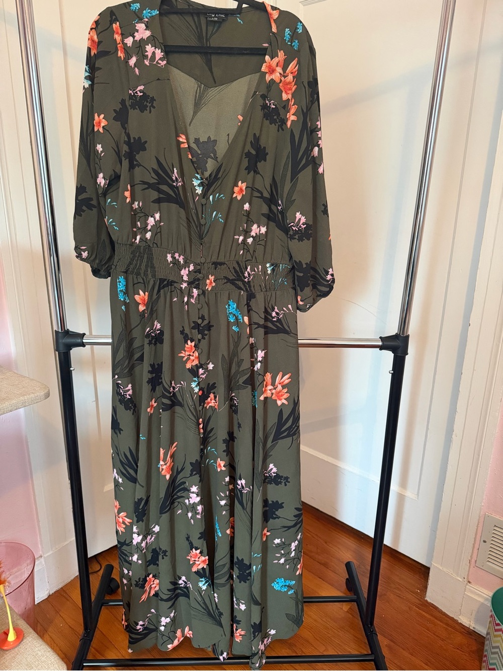 City Chic Olive Floral Maxi Dress with Coral & Teal Accents